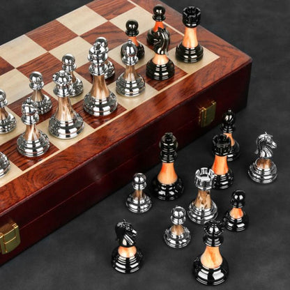 Belro luxury metal chess set with large 42 cm wooden chessboard, featuring intricately designed chess pieces for elegant gameplay.