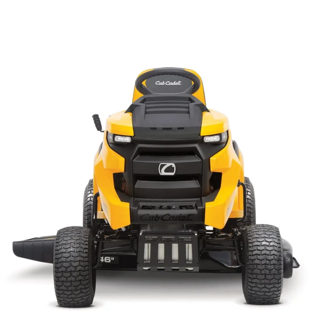Cub Cadet XT1 Enduro LT 46 riding lawn tractor with 46-inch cutting deck, shown in a yard setting.