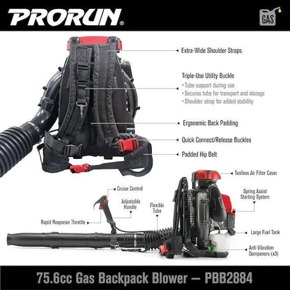 Casavibeo PRORUN PBB2884 gas backpack leaf blower with adjustable straps and powerful engine for yard cleanup.