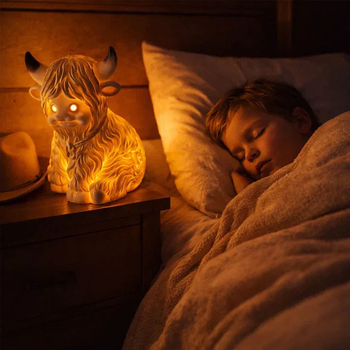 Highland Cow resin night light by Mivoza emitting a warm amber glow, decorative lamp perfect for cozy lighting.