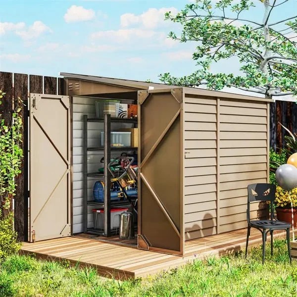 Casavibeo garden shed with wooden panels and sloped roof, outdoor storage solution in a lush garden setting