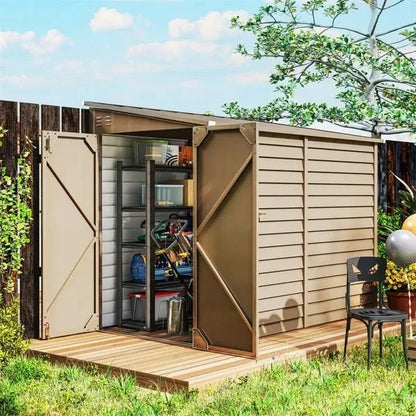 Casavibeo garden shed with wooden panels and sloped roof, outdoor storage solution in a lush garden setting