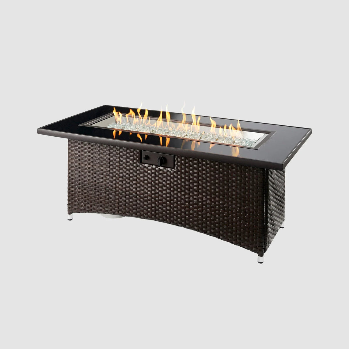 Casavibeo Montego Linear Gas Fire Pit Table with a modern design, featuring a sleek black finish and a glowing flame display.