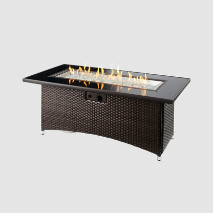 Casavibeo Montego Linear Gas Fire Pit Table with a modern design, featuring a sleek black finish and a glowing flame display.