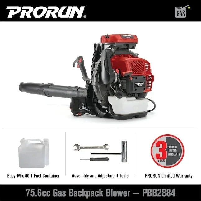 Casavibeo PRORUN PBB2884 gas backpack leaf blower with ergonomic design and large air intake for efficient yard clearing.