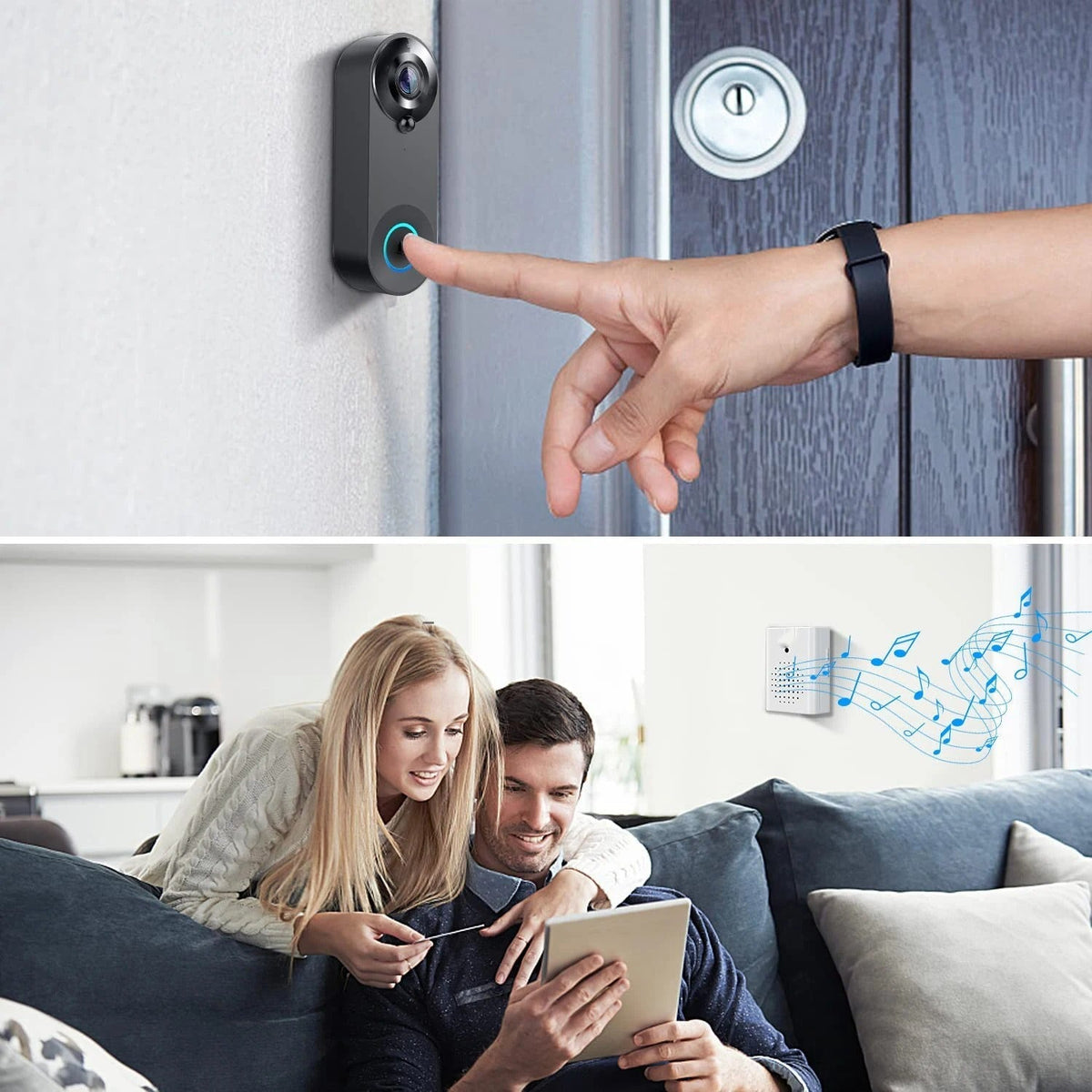 Wireless Wi-Fi Video Doorbell by Belro with camera and motion sensor for smart home security, mounted outside the door.