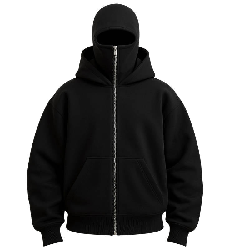 Belro unisex full zip balaclava hoodie, made of comfortable clothing material, featuring a full front zipper and adjustable hood.