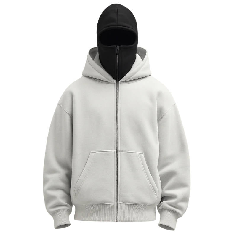 Unisex Belro full zip balaclava hoodie showing front view, made of warm clothing material with a full zipper and hood design.