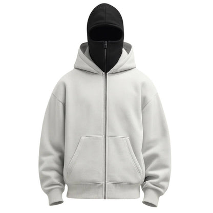Unisex Belro full zip balaclava hoodie showing front view, made of warm clothing material with a full zipper and hood design.