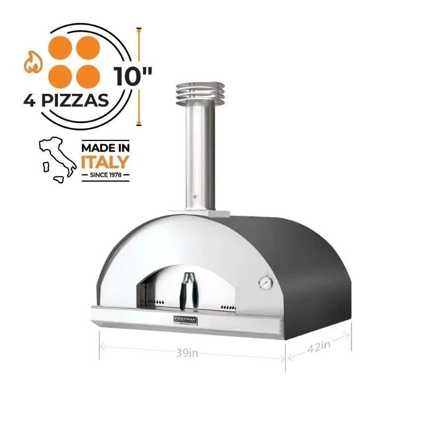 Casavibeo Fontana Forni Marinara wood-fired pizza oven in anthracite, showing the compact outdoor pizza oven with chimney and door