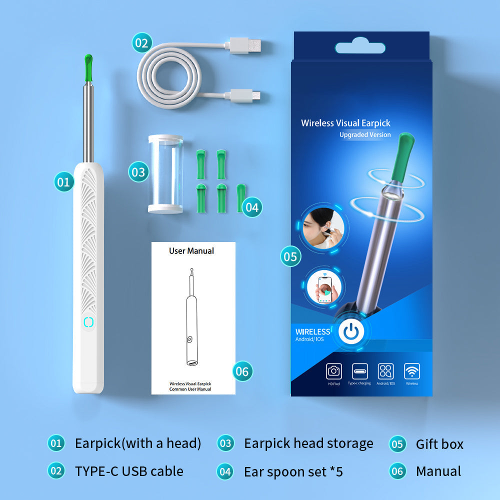 Belro ear cleaning picker with camera showing a close-up of the device's tip and integrated camera for detailed ear inspection.