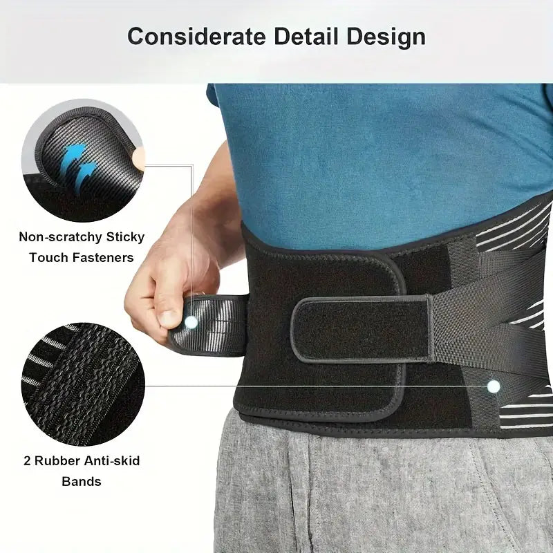 Belro back lumbar brace for lower back pain, adjustable suspenders support and stabilize the lumbar region.