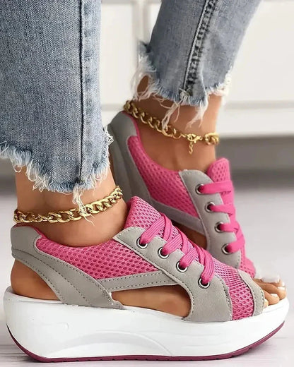 Belro contrast paneled cutout lace-up muffin sandals with open toe and chunky heel, stylish footwear for summer and casual wear.