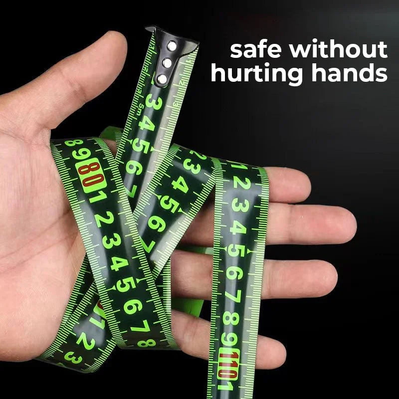 Belro fluorescent steel tape measure with bright yellow and black casing, extended to show measurement markings.
