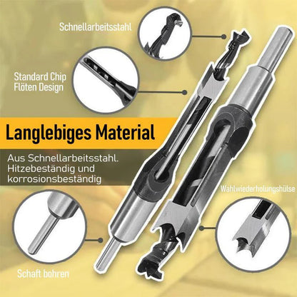 Mivoza Deutschland square hole drill bit set in stainless steel for precise woodworking tasks, with multiple drill bits shown.