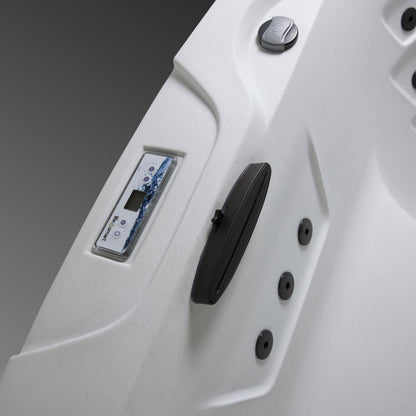 Casavibeo Lifesmart Leganza 6-person spa with 90 jets, lounge seating, Arctic White exterior, water features, and waterfall.