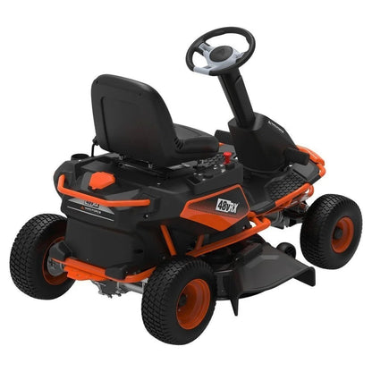 Casavibeo Yard Force 38-inch 48V battery-powered riding lawn mower with cutting deck and ergonomic seat.
