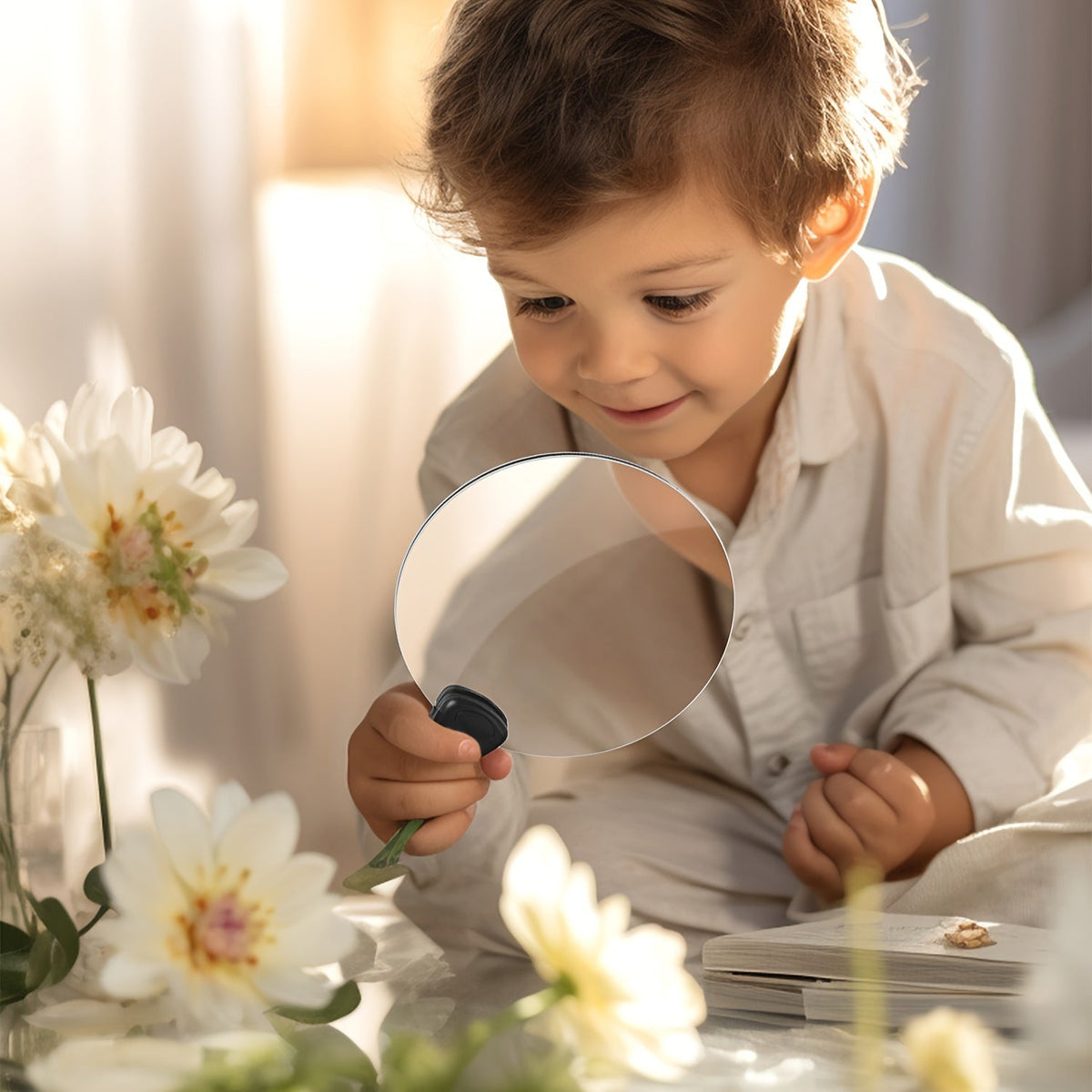 BowLift hands-free magnifying glass with 5X magnification and neck strap, ideal for reading and close-up tasks.