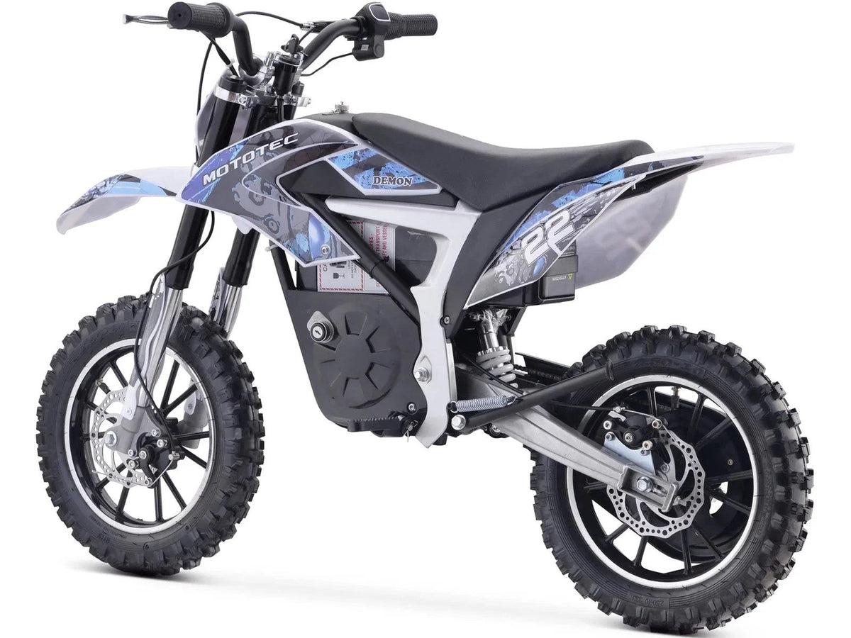 Casavibeo MotoTec Demon electric dirt bike for kids, black with knobby tires and sturdy frame, ready for outdoor riding adventures.