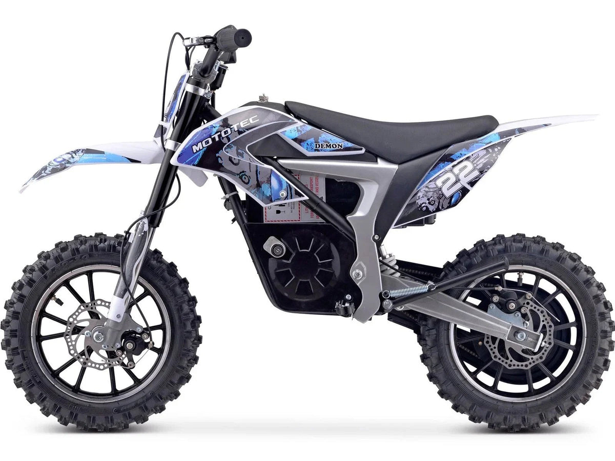 Casavibeo MotoTec Demon electric dirt bike shown with sleek black design and rugged tires for off-road riding.