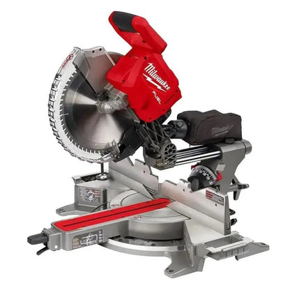 Milwaukee 18V Lithium-Ion brushless cordless 12-inch dual bevel sliding compound miter saw, shown with blade and adjustable features.