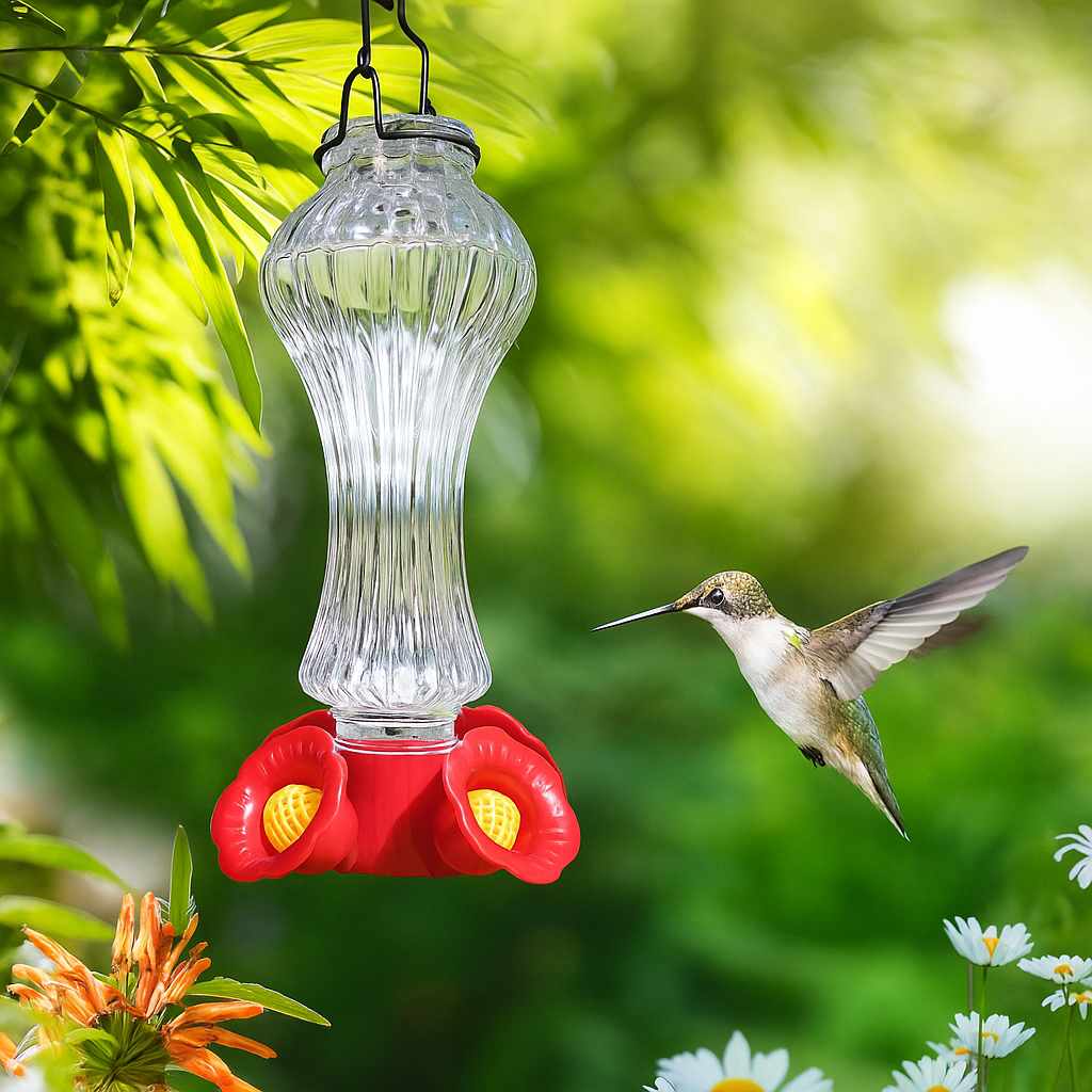 Glass hummingbird feeder with flower design and ant moat, ideal for garden decor by Belro.