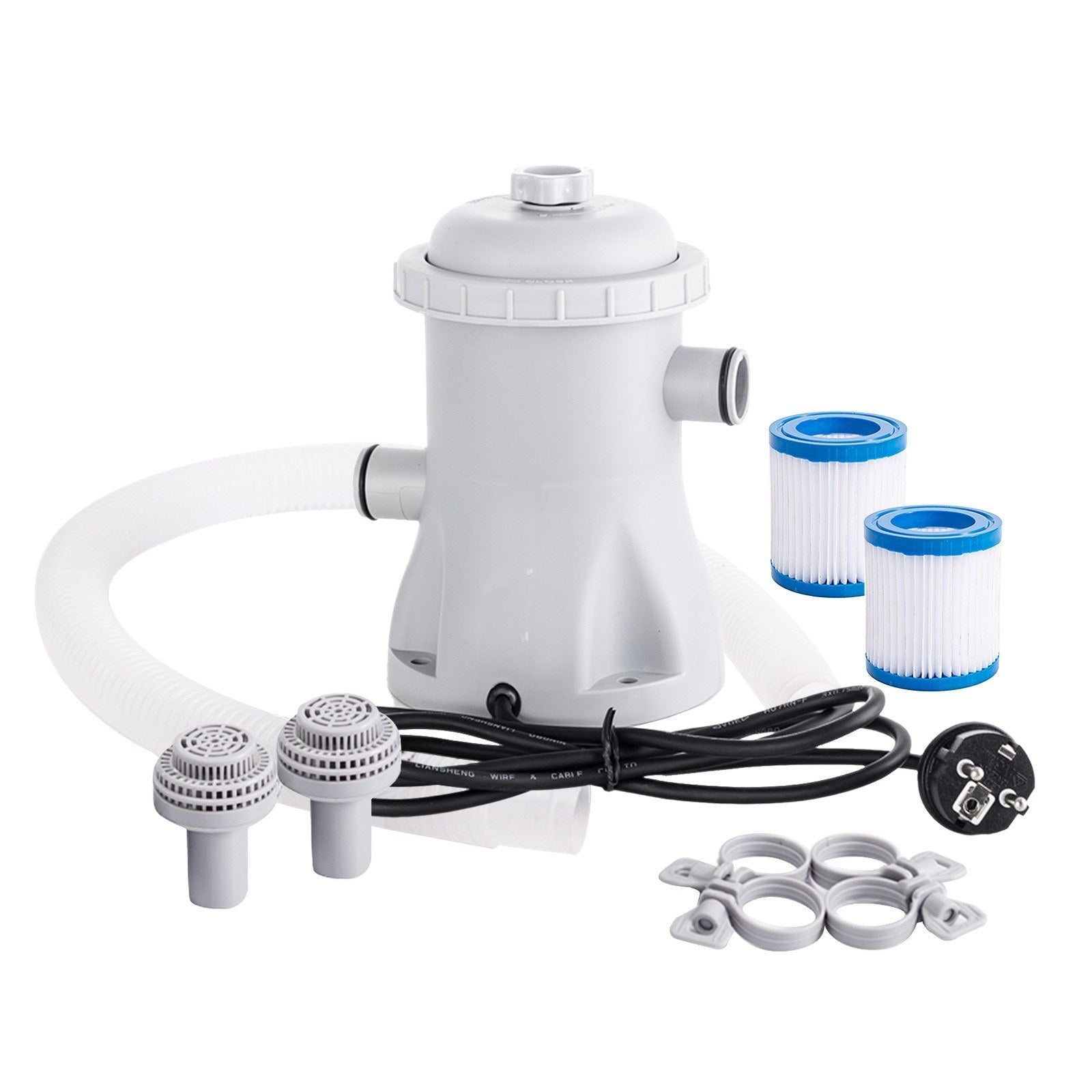 GETDECO electric pool filter pump with 330 GPH flow rate and two cartridges for above ground pools, ideal for clean, clear water.
