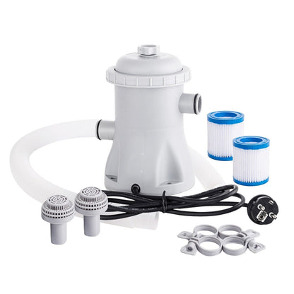 GETDECO electric pool filter pump with 330 GPH flow rate and two cartridges for above ground pools, ideal for clean, clear water.