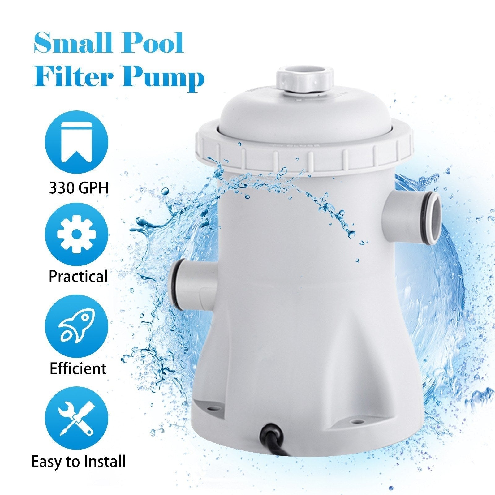 GETDECO electric pool filter pump 330 GPH with two cartridges for above ground pools, showcasing the pump and filter cartridges.