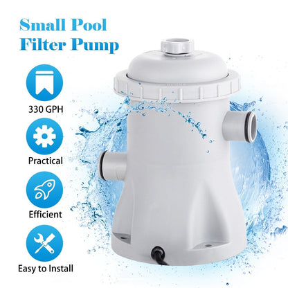 GETDECO electric pool filter pump 330 GPH with two cartridges for above ground pools, showcasing the pump and filter cartridges.