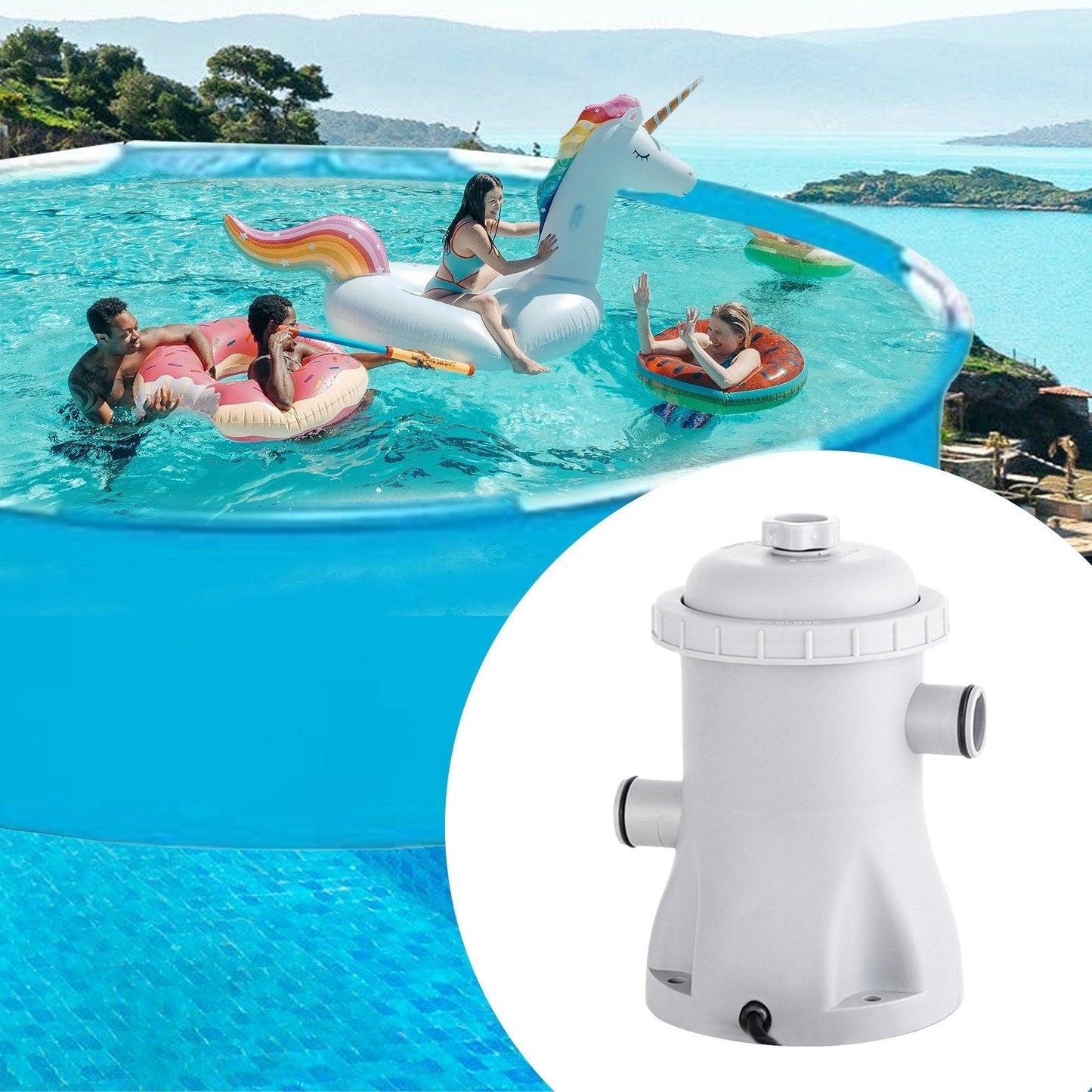 GETDECO electric pool filter pump 330 GPH with two cartridges, ideal for above ground pools, showing the pump and cartridges.