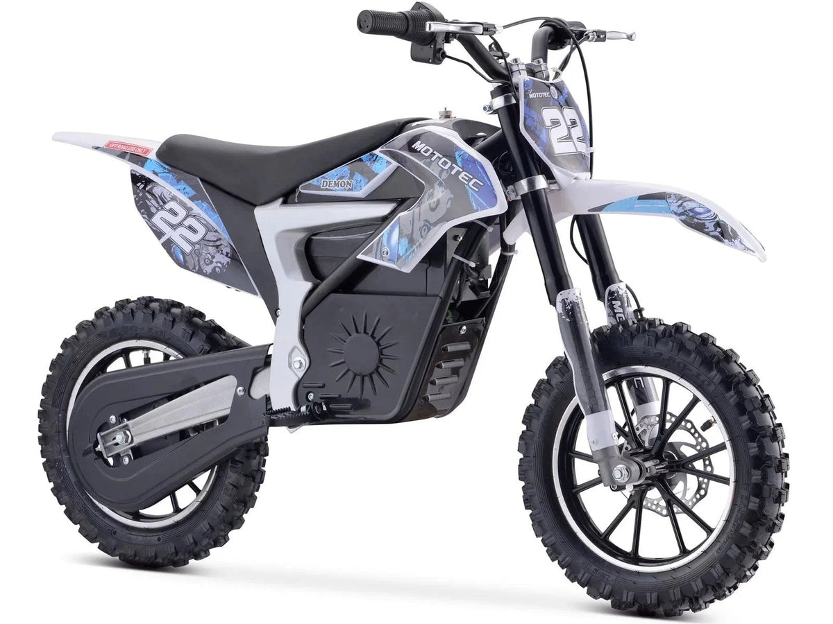 Casavibeo MotoTec Demon electric dirt bike for kids, showing the black and red design with rugged off-road tires.