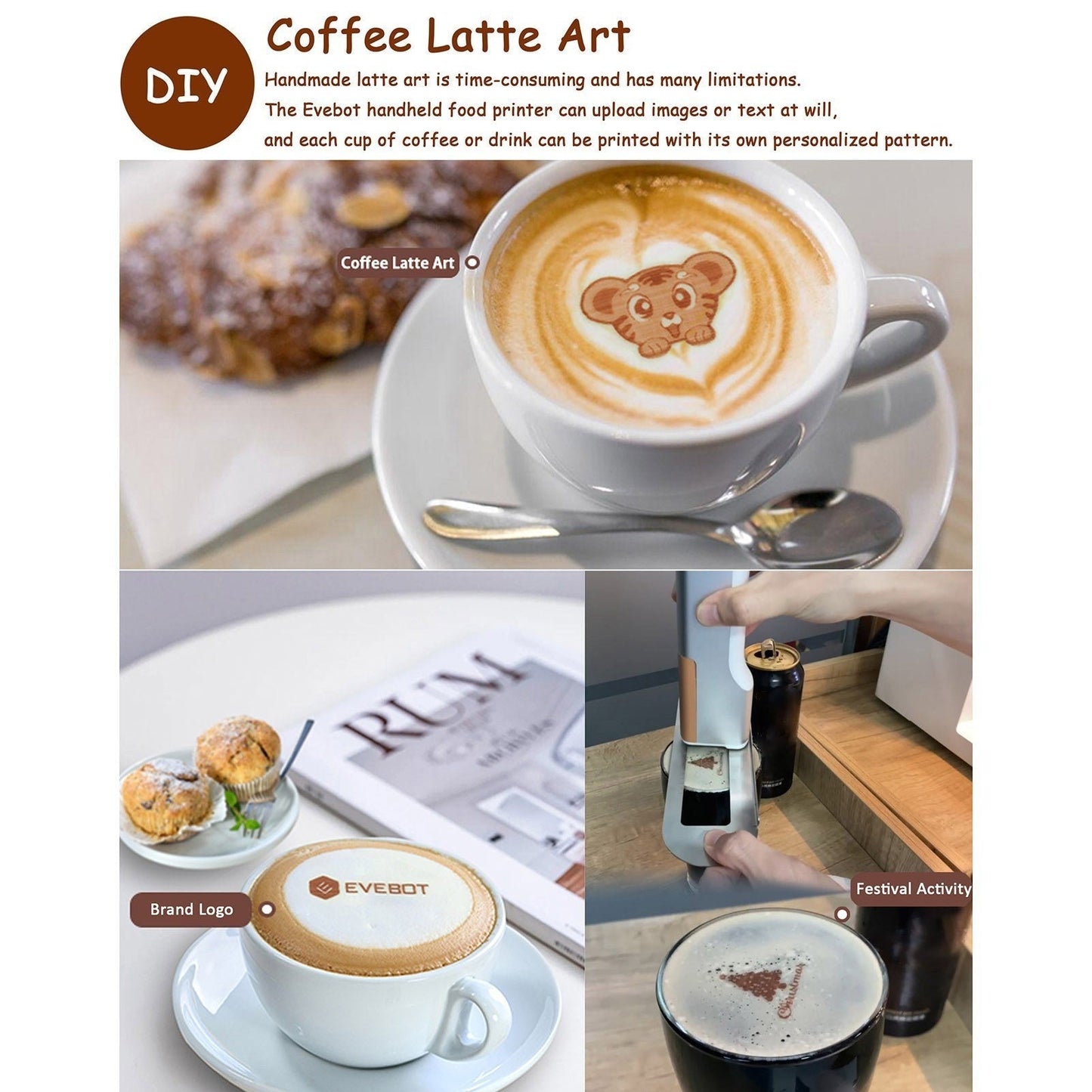 EVEBOT Printpen handheld portable food and coffee art inkjet printer by GETDECO, shown printing DIY designs on food and beverages.