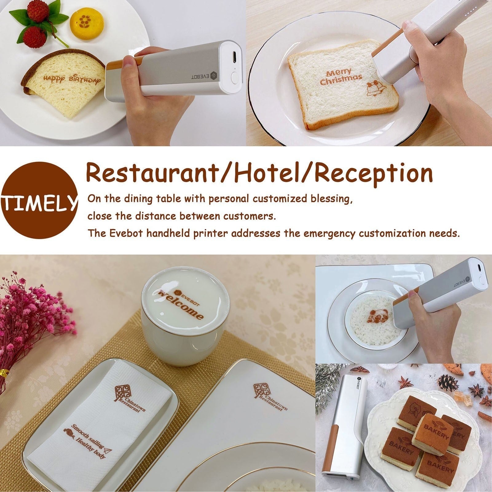 GETDECO EVEBOT Printpen handheld portable food and coffee art inkjet printer showing a custom edible design on a pastry.