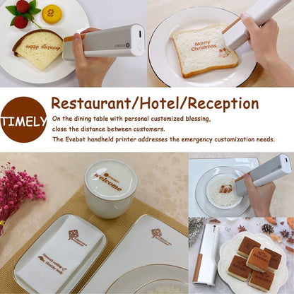GETDECO EVEBOT Printpen handheld portable food and coffee art inkjet printer showing a custom edible design on a pastry.