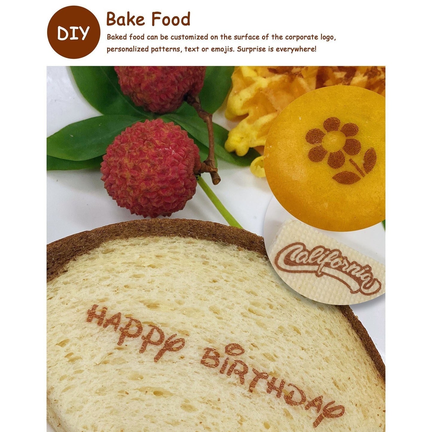 GETDECO EVEBOT Printpen handheld portable food and coffee art inkjet printer for DIY edible designs, shown in use.
