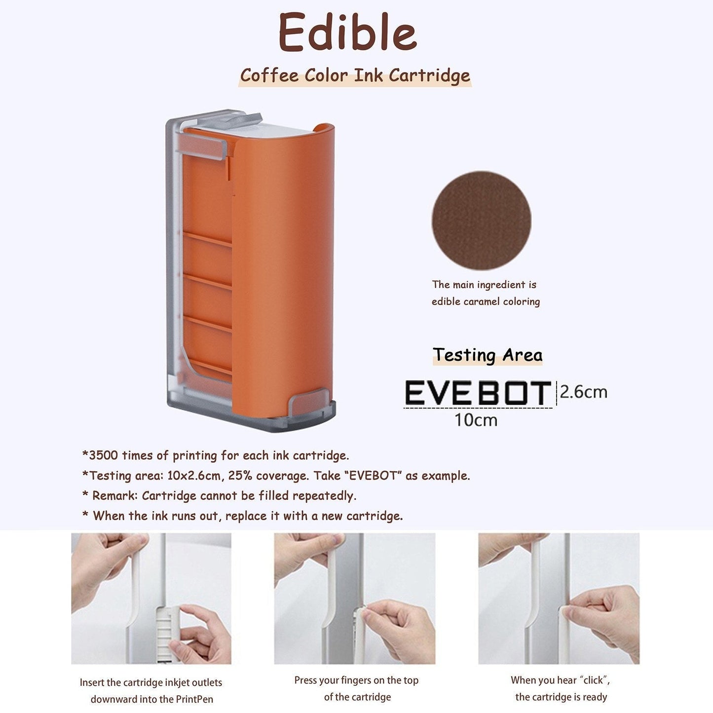 EVEBOT Printpen handheld portable food and coffee art inkjet printer by GETDECO, showing the compact device ready for DIY edible designs.