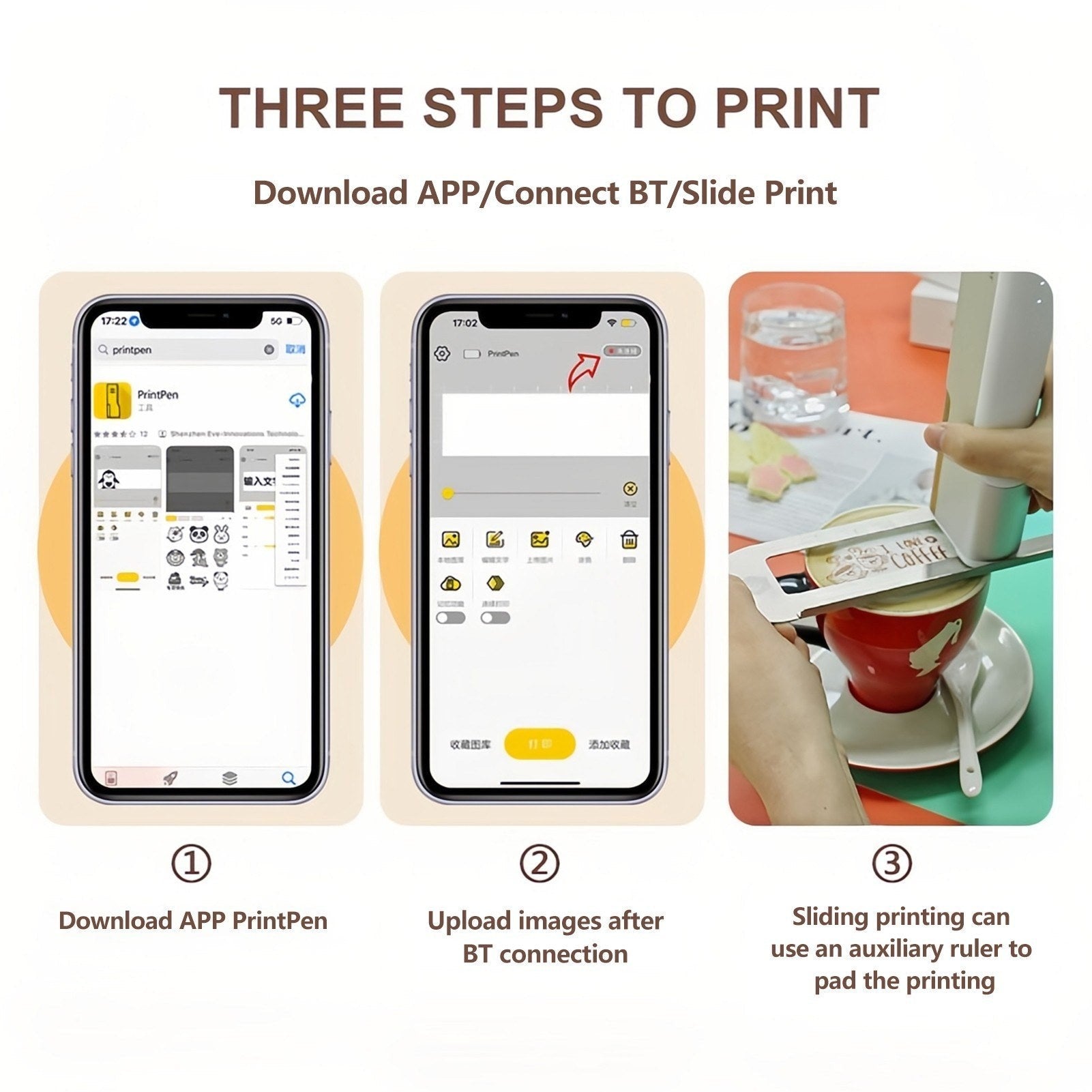 EVEBOT Printpen portable food and coffee art inkjet printer by GETDECO, handheld device for DIY edible designs.