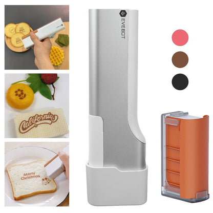 GETDECO EVEBOT Printpen handheld portable food and coffee art inkjet printer showing DIY design printing on a surface.