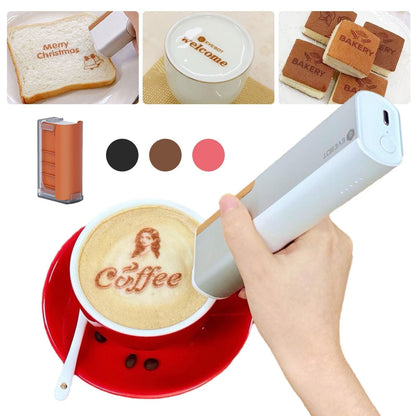 Portable EVEBOT Printpen by GETDECO for food and coffee art, handheld inkjet printer for DIY edible designs.