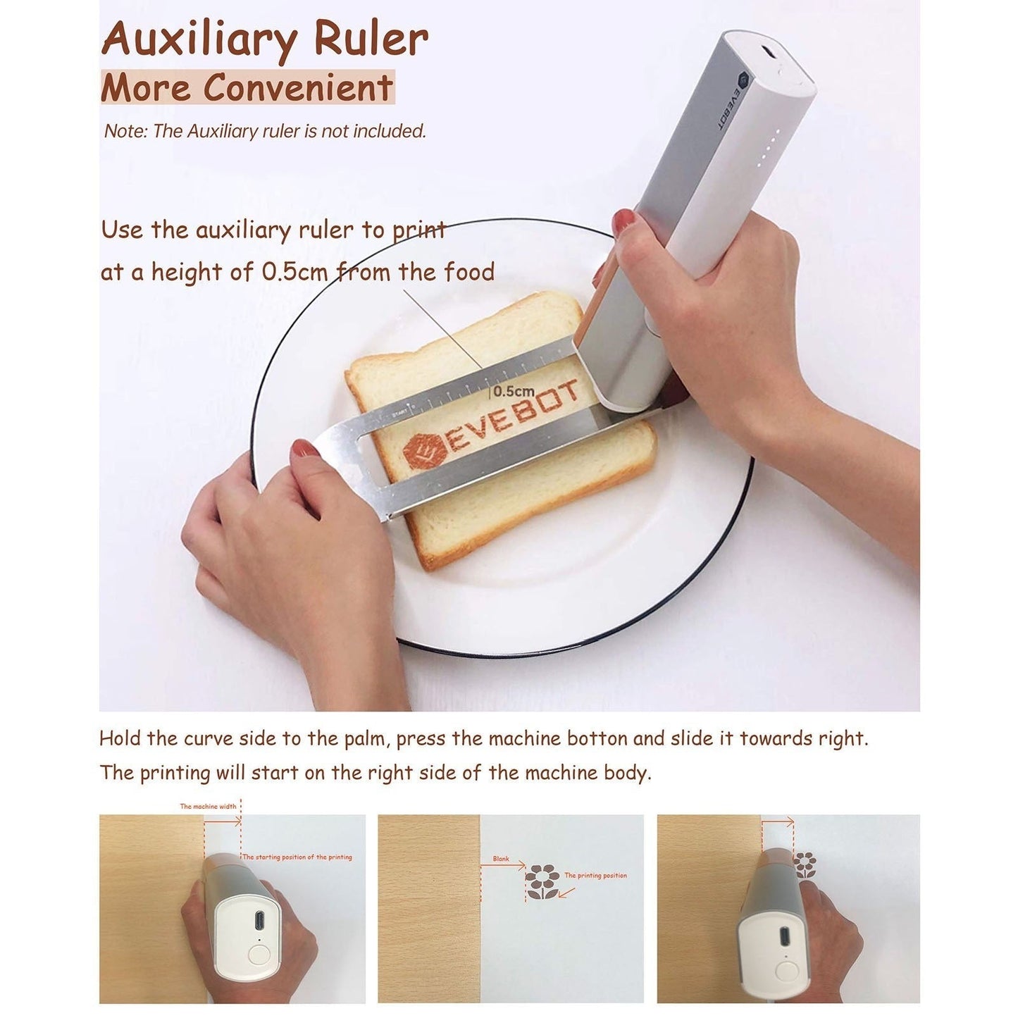 GETDECO EVEBOT Printpen handheld portable food and coffee art inkjet printer with DIY design capability, shown in use.