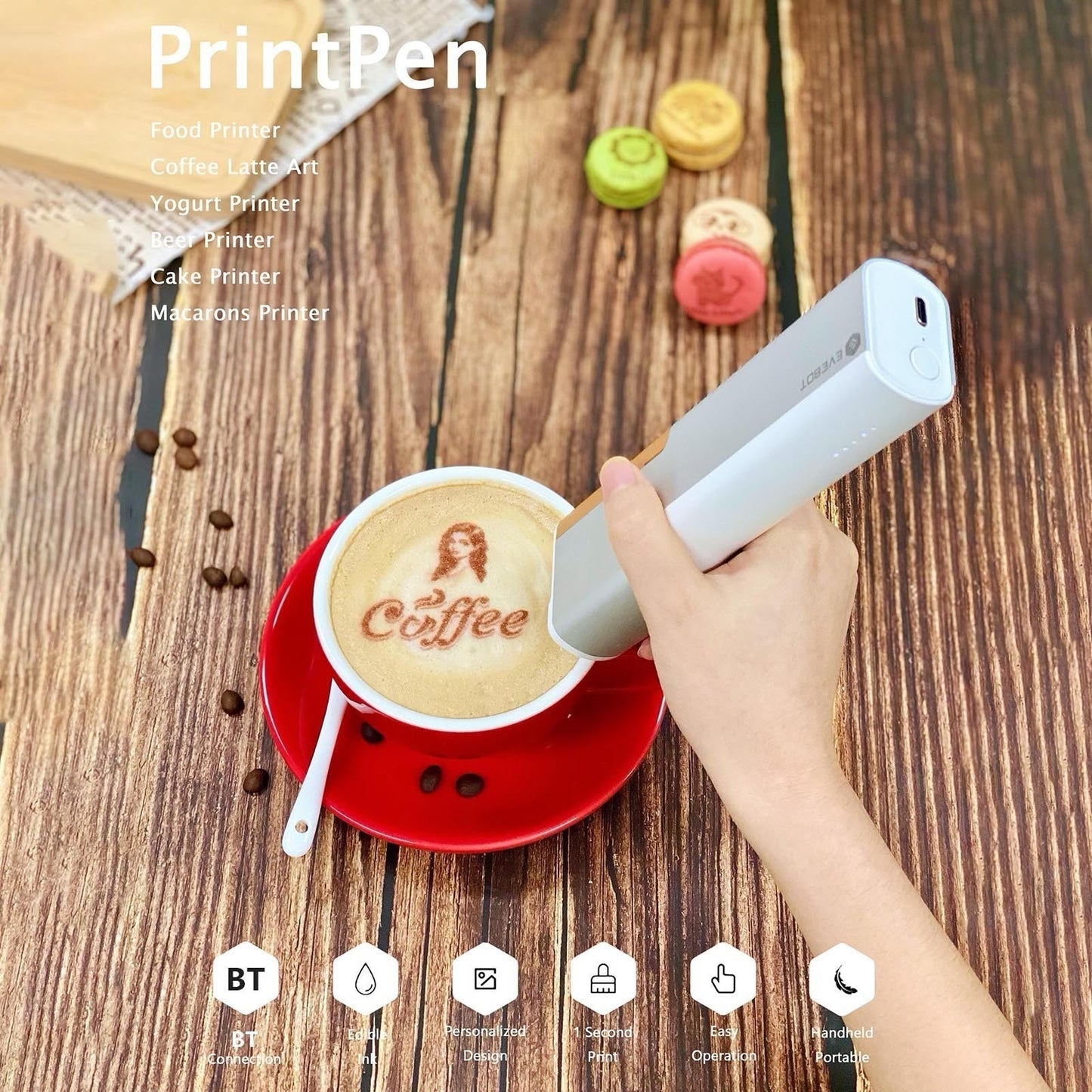 GETDECO EVEBOT Printpen handheld portable food and coffee art inkjet printer with a sleek design for DIY food decoration.