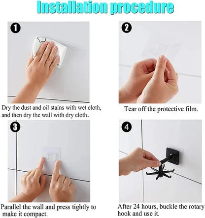 Belro 360° rotating self-adhesive utility hook for home organization, mounted on a wall in a home and garden setting.
