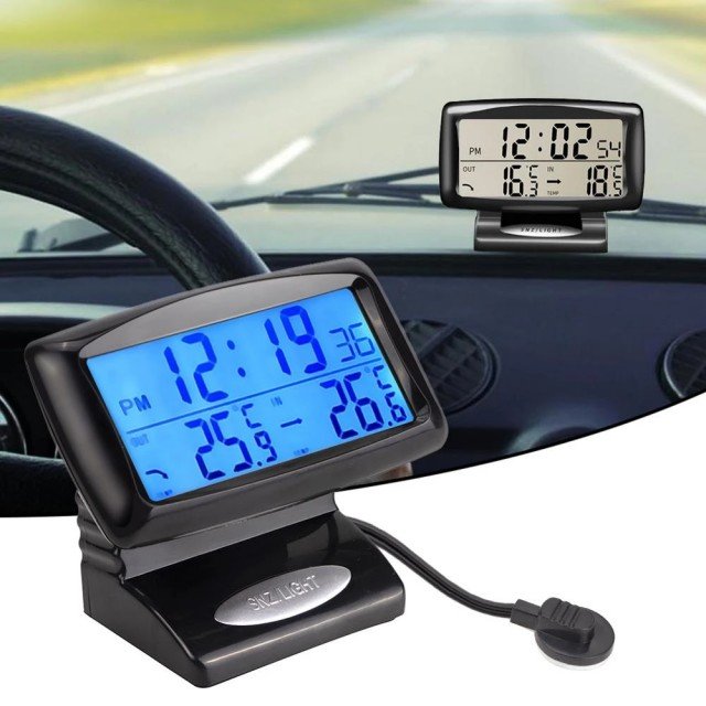 Belro car dashboard thermometer showing current temperature with clear digital display on a vehicle dashboard.