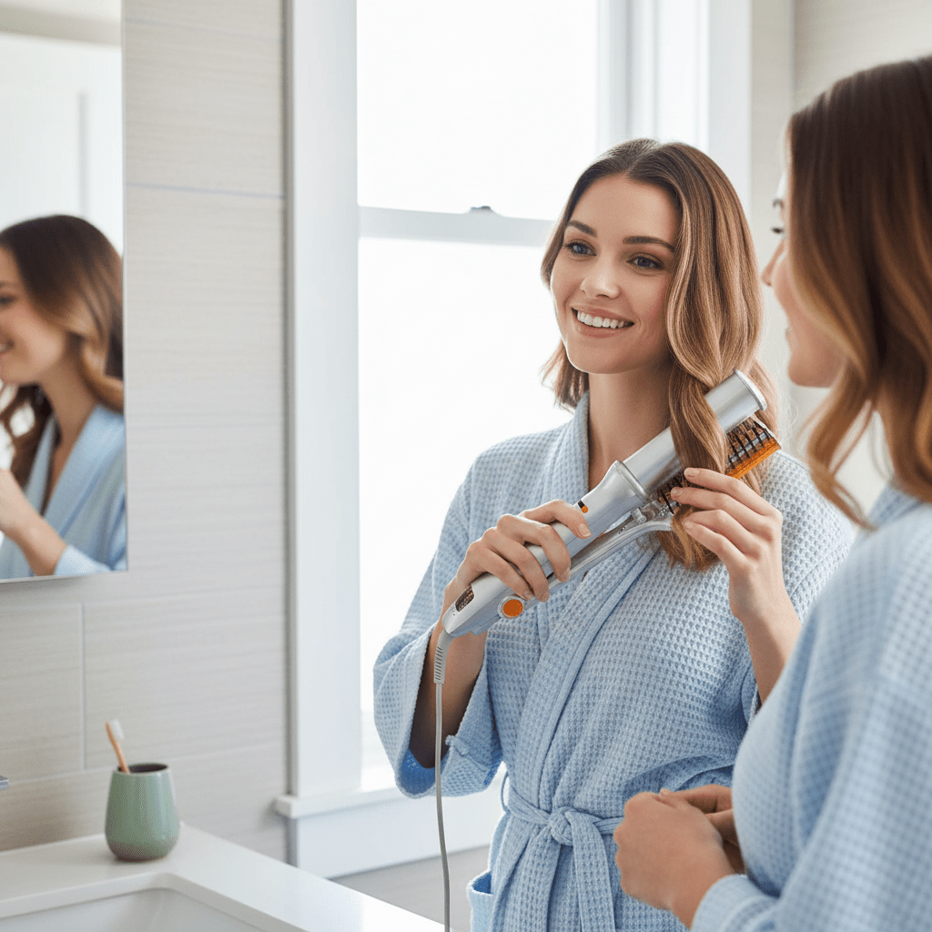 BowLift 2-in-1 rotating hair brush for styling, smoothing, and straightening, with auto-spin feature and sleek black design.