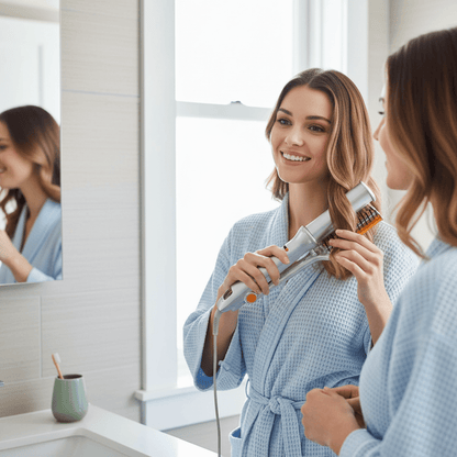 BowLift 2-in-1 rotating hair brush for styling, smoothing, and straightening, with auto-spin feature and sleek black design.