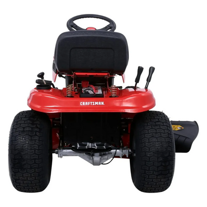 Casavibeo Craftsman T110 42-inch riding mower with 17.5 HP Briggs & Stratton engine and 7-speed transmission, shown outdoors.