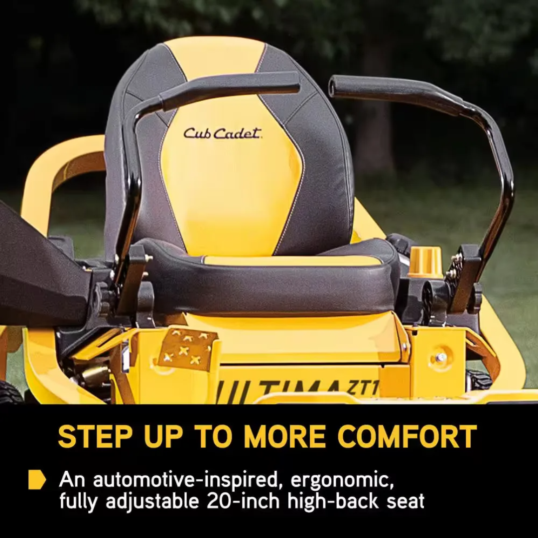 Casavibeo Cub Cadet Ultima Series ZT1 42-inch zero-turn mower with cutting deck and control panel, shown on a lawn.