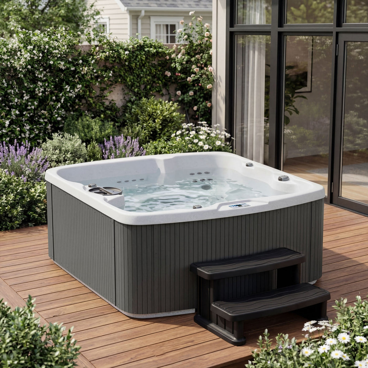 Casavibeo Lifesmart Leganza 6-person spa with 90 jets, lounge seating, in coastal gray with steps, 230V outdoor hot tub