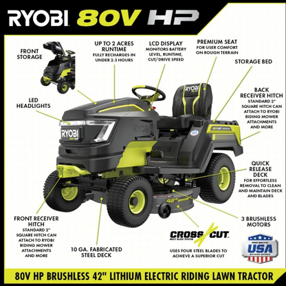 Ryobi 80V HP Brushless 42-inch battery-powered cordless riding lawn tractor, featuring a seat and cutting deck.